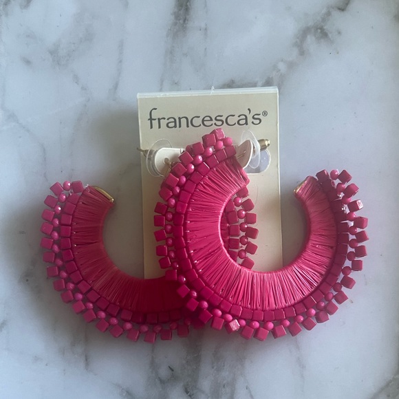 Francesca's Collections Jewelry - Pink Semi Raffia & Beads Hoop Earrings